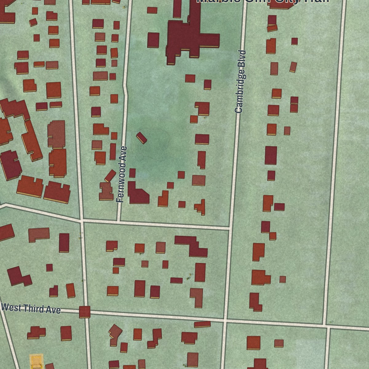 Close-up of the map of Marble Cliff, Ohio print showing street and building detail