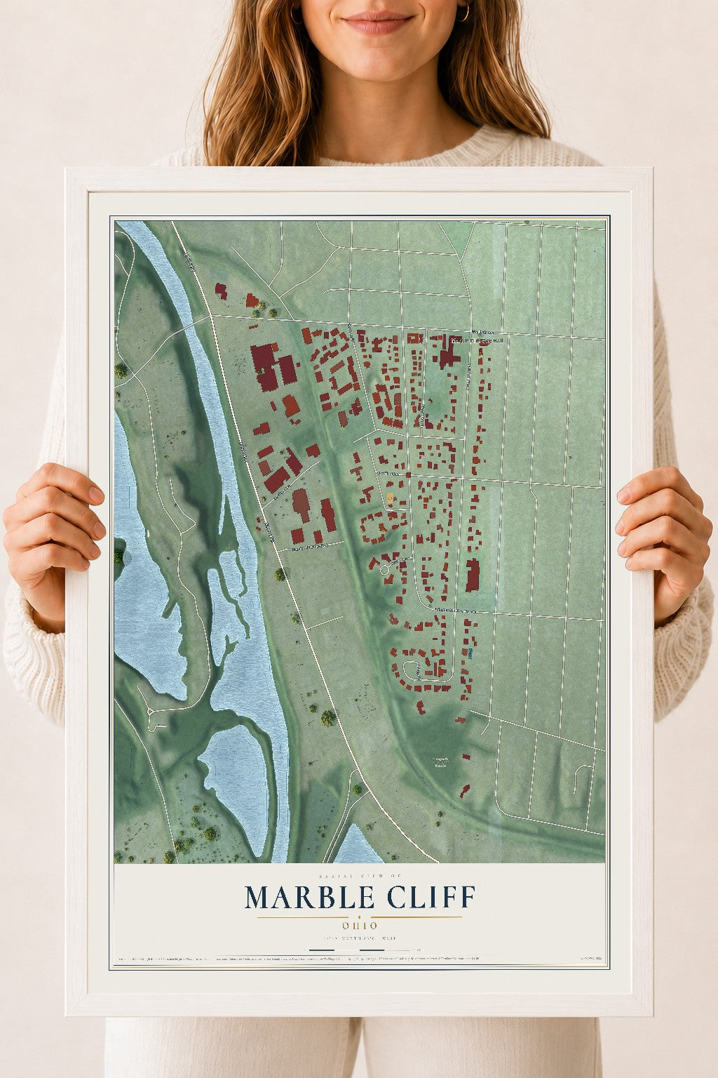 Map of Marble Cliff, Ohio, 18 x 24 inch print in a white wood frame