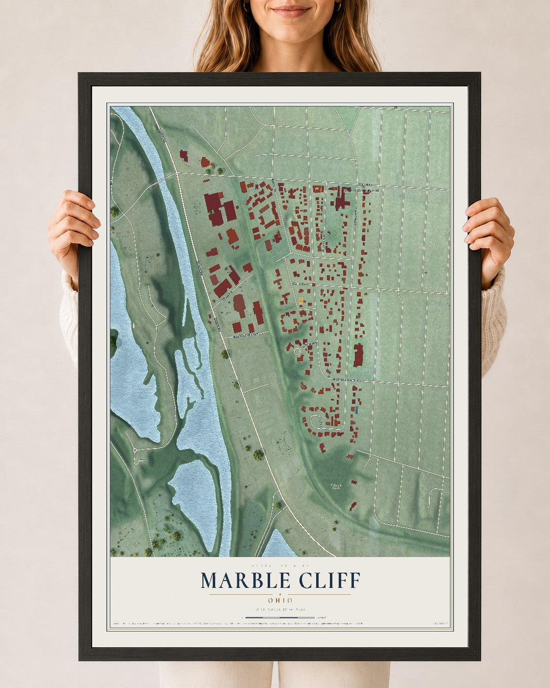 Map of Marble Cliff, Ohio, 24 x 36 inch print in a black wood frame