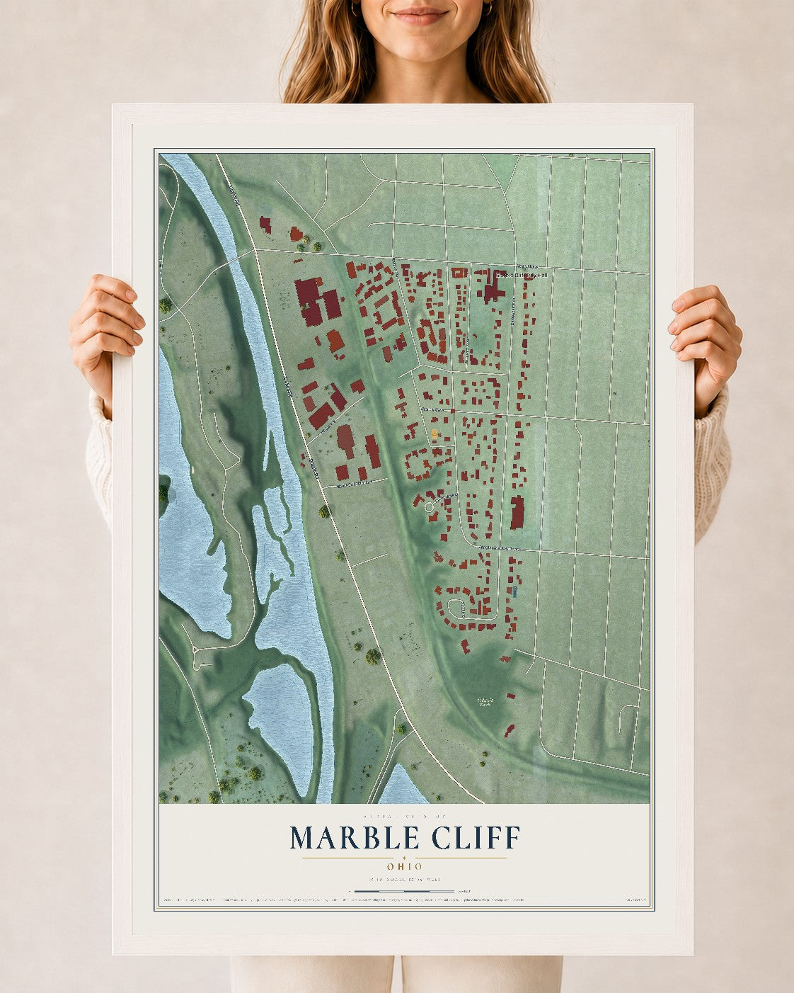 Map of Marble Cliff, Ohio, 24 x 36 inch print in a white wood frame