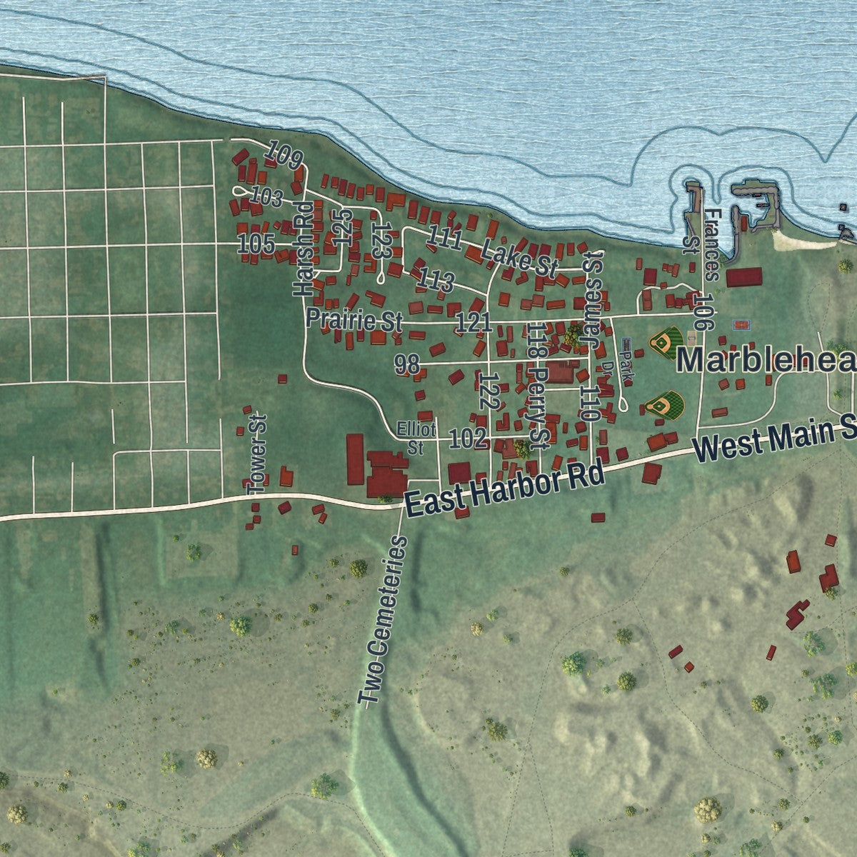 Close-up of the map of Marblehead, Ohio print showing street and building detail