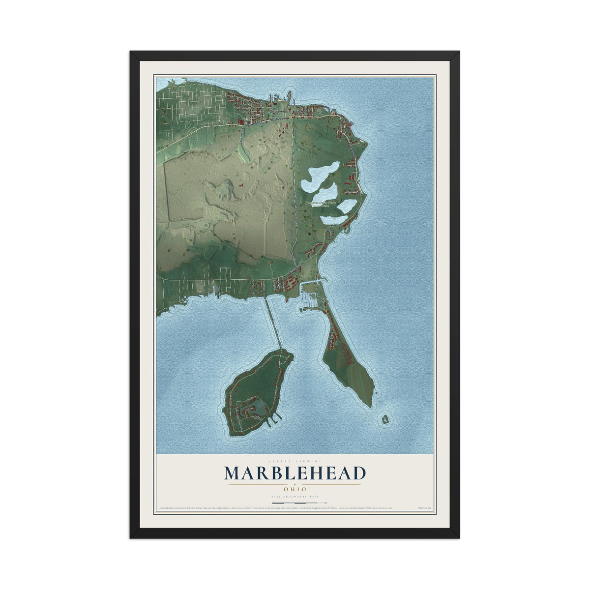 Map of Marblehead, Ohio, 12 x 18 inch print in a black wood frame