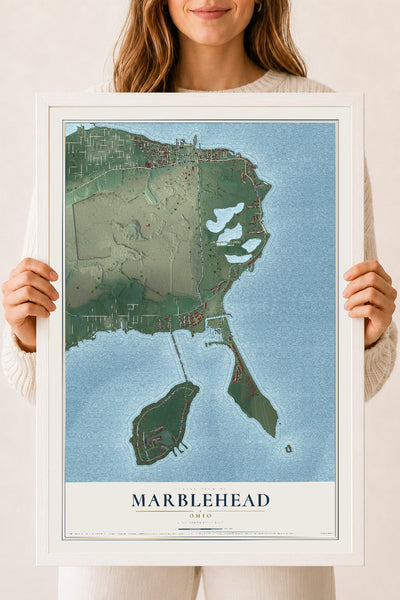 Map of Marblehead, Ohio, 18 x 24 inch print in a white wood frame