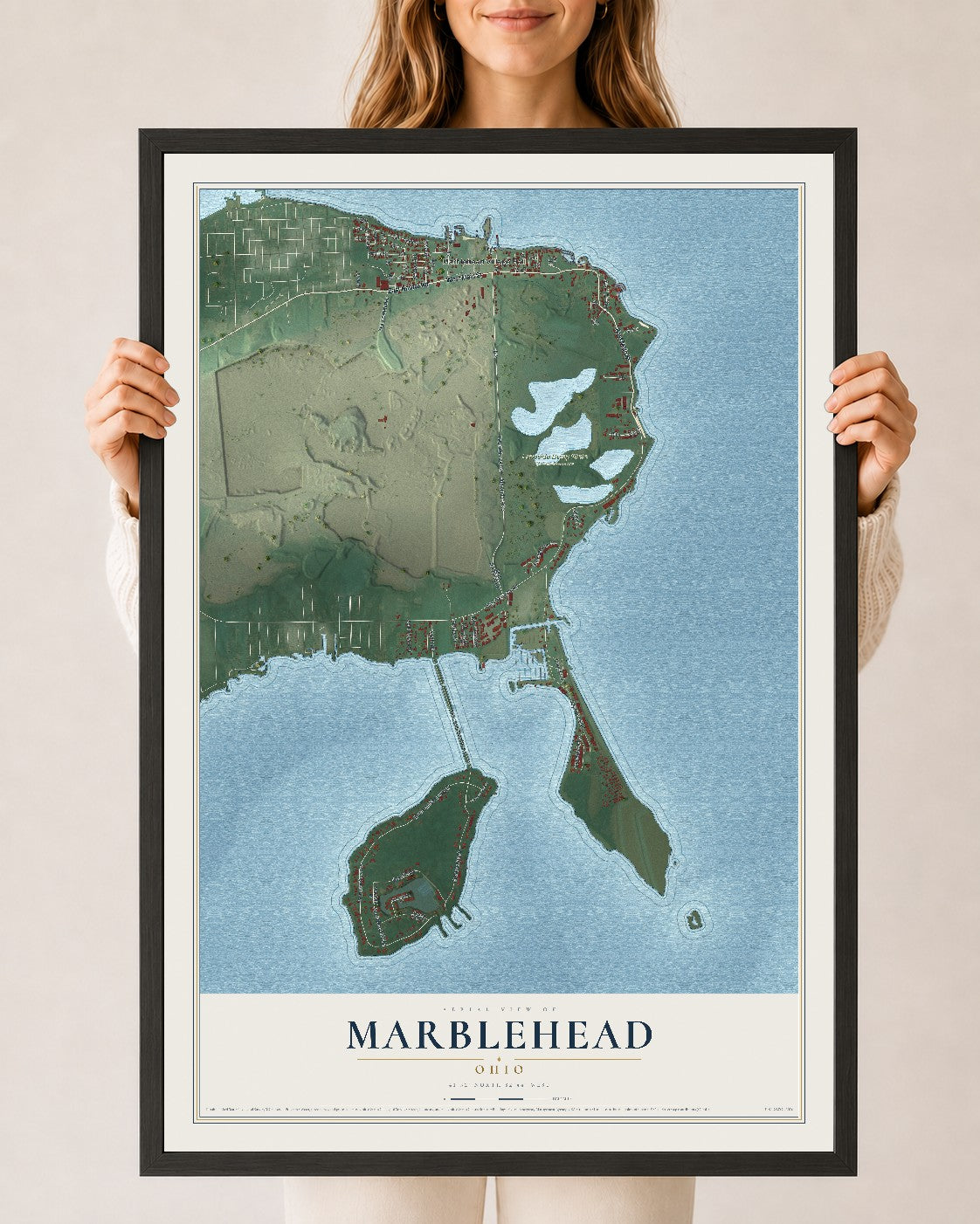 Map of Marblehead, Ohio, 24 x 36 inch print in a black wood frame