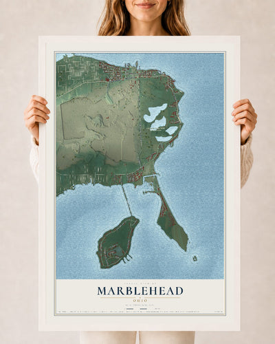 Map of Marblehead, Ohio, 24 x 36 inch print in a white wood frame