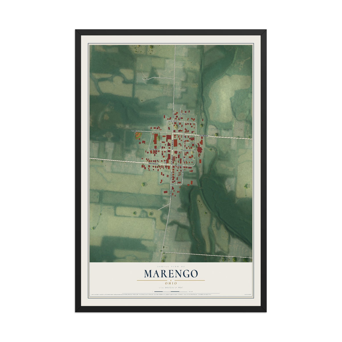 Map of Marengo, Ohio, 12 x 18 inch print in a black wood frame