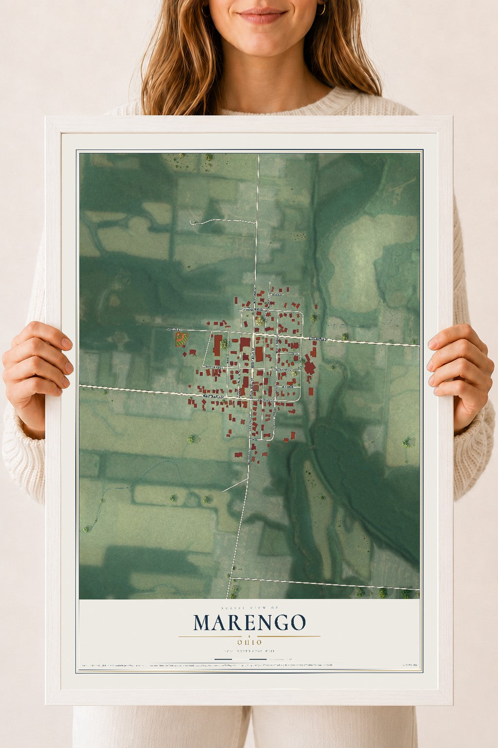 Map of Marengo, Ohio, 18 x 24 inch print in a white wood frame