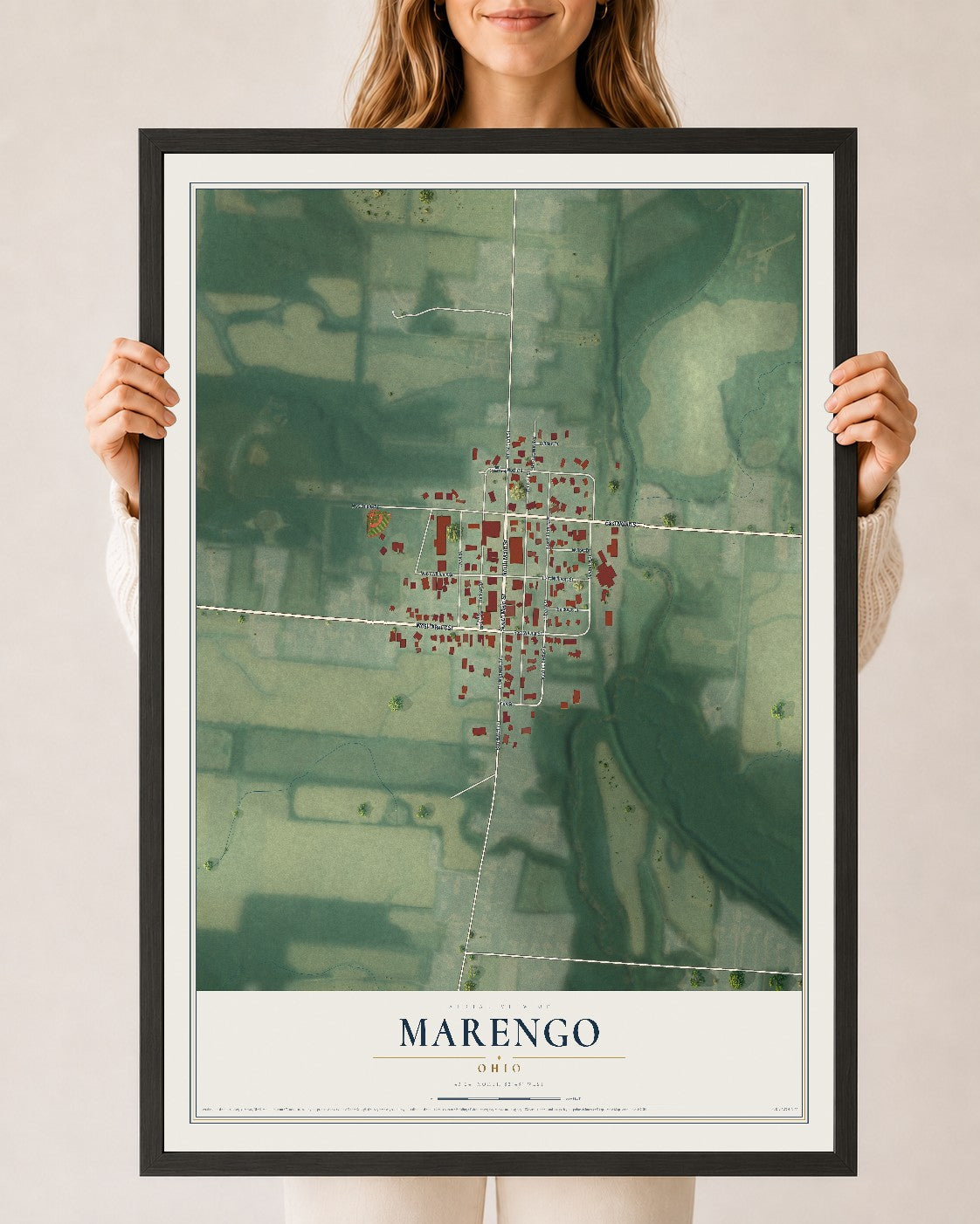 Map of Marengo, Ohio, 24 x 36 inch print in a black wood frame