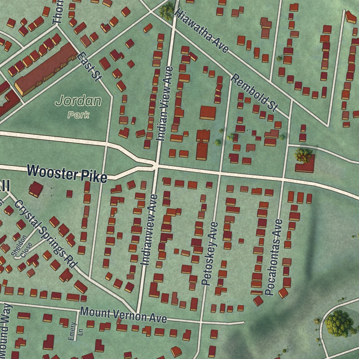 Close-up of the map of Mariemont, Ohio print showing street and building detail