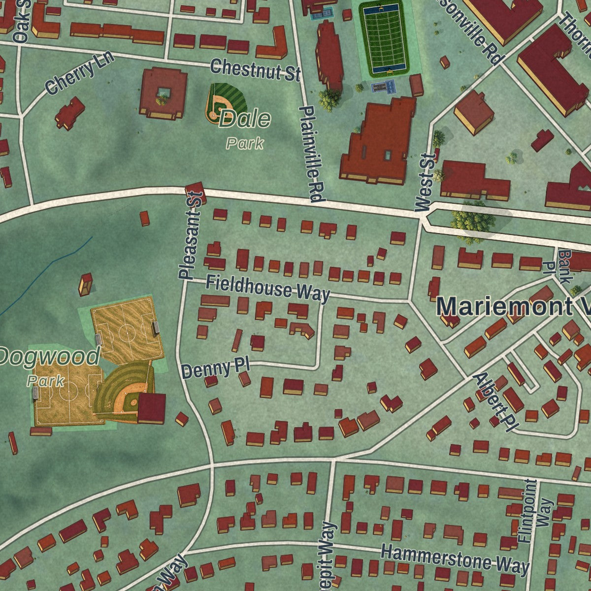 Second close-up of the map of Mariemont, Ohio print showing more streets and buildings