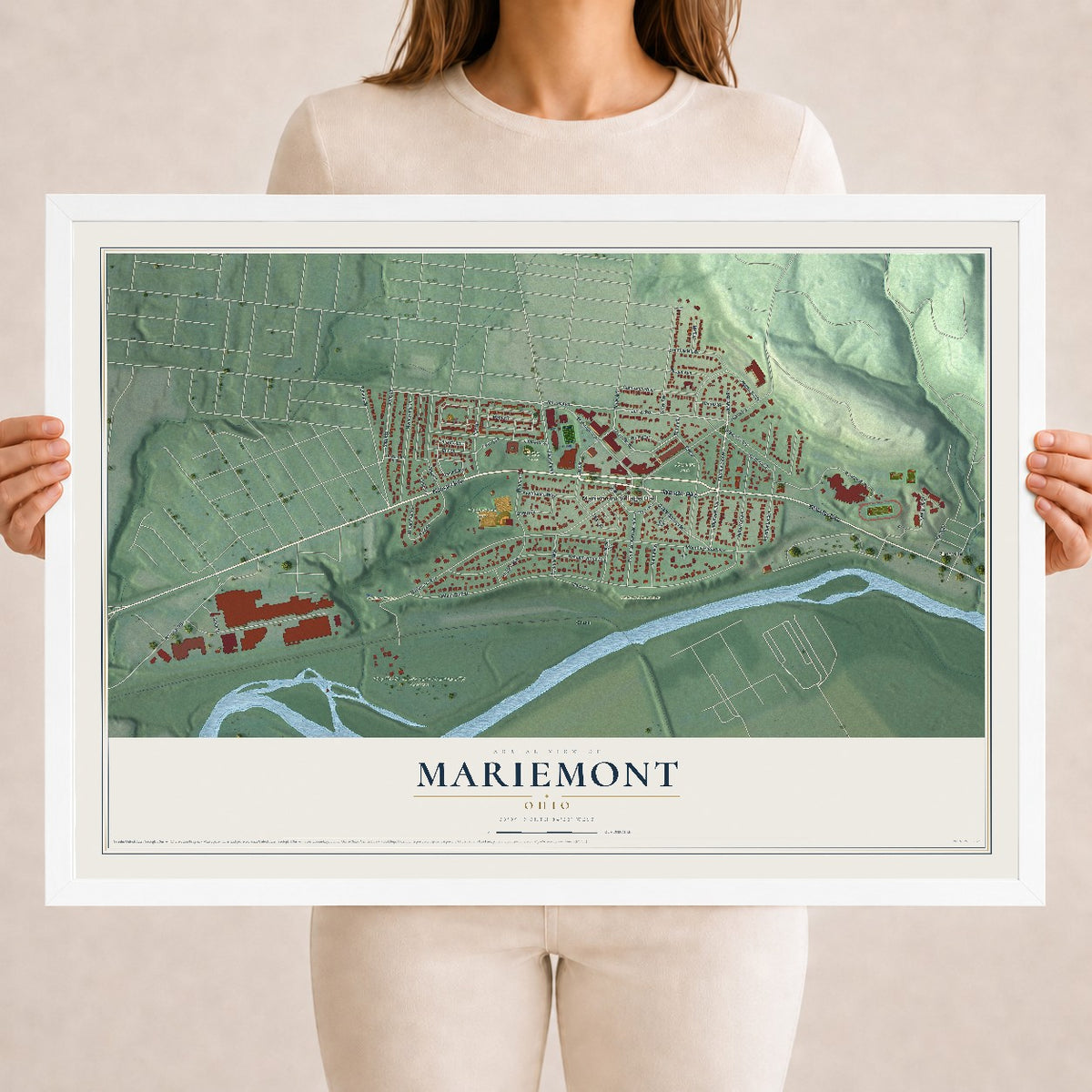 Map of Mariemont, Ohio, 18 x 24 inch print in a white wood frame