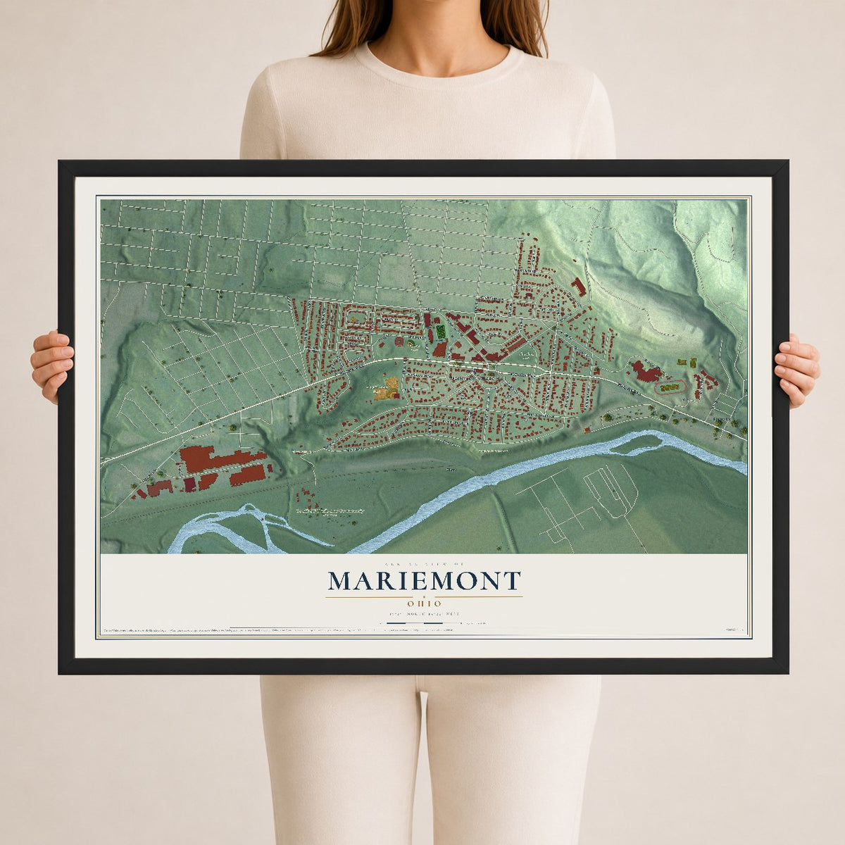 Map of Mariemont, Ohio, 24 x 36 inch print in a black wood frame