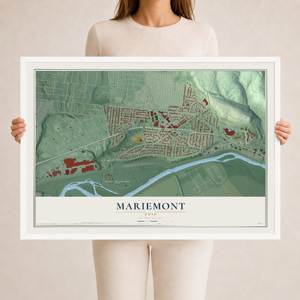 Map of Mariemont, Ohio, 24 x 36 inch print in a white wood frame