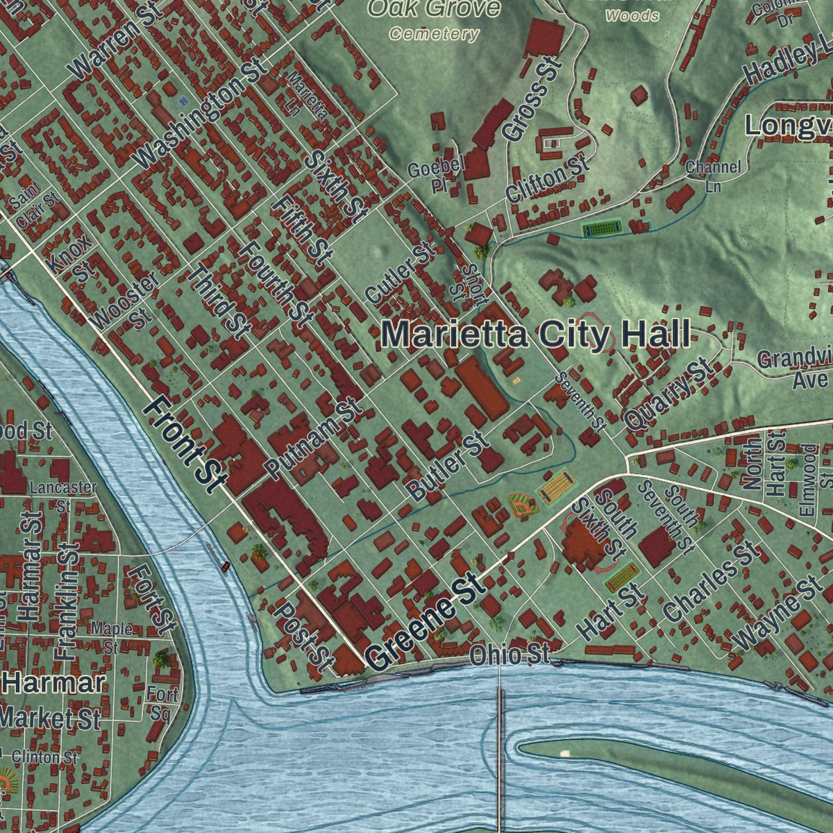 Close-up of the map of Marietta, Ohio print showing street and building detail