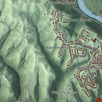 Second close-up of the map of Marietta, Ohio print showing more streets and buildings