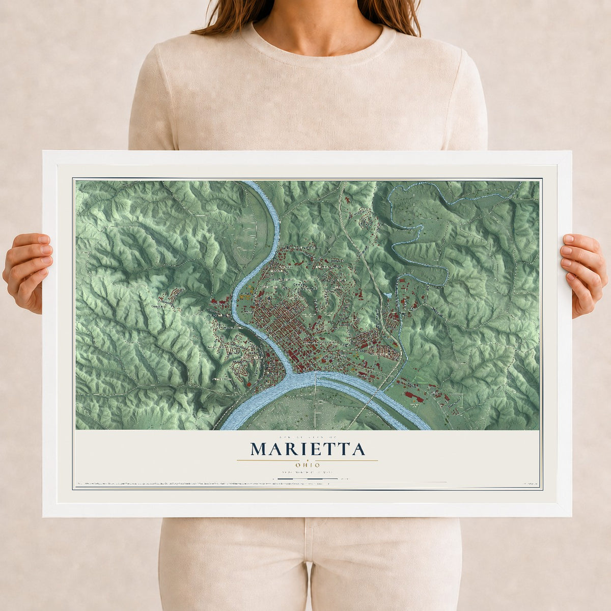Map of Marietta, Ohio, 12 x 18 inch print in a white wood frame