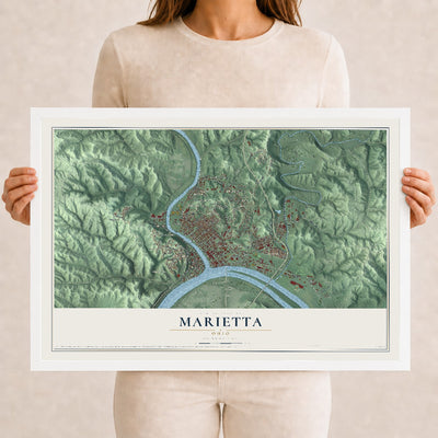 Map of Marietta, Ohio, 12 x 18 inch print in a white wood frame