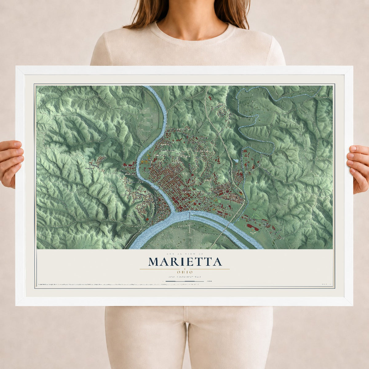 Map of Marietta, Ohio, 18 x 24 inch print in a white wood frame