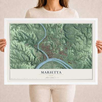 Map of Marietta, Ohio, 18 x 24 inch print in a white wood frame