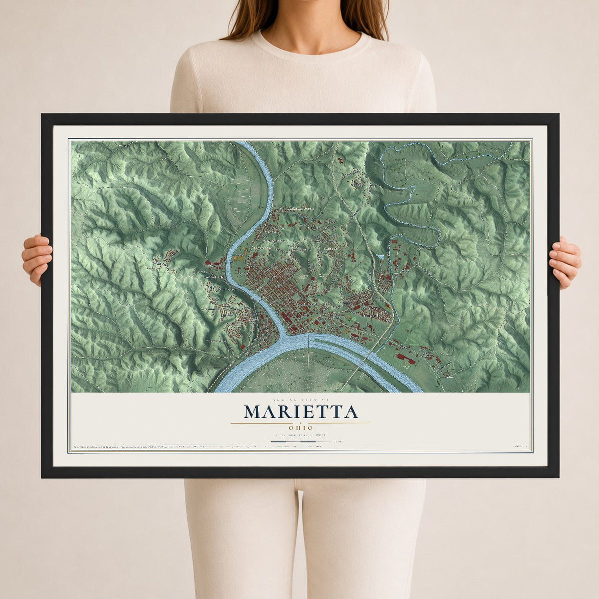 Map of Marietta, Ohio, 24 x 36 inch print in a black wood frame
