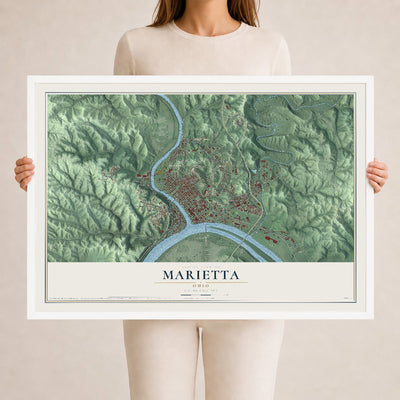 Map of Marietta, Ohio, 24 x 36 inch print in a white wood frame