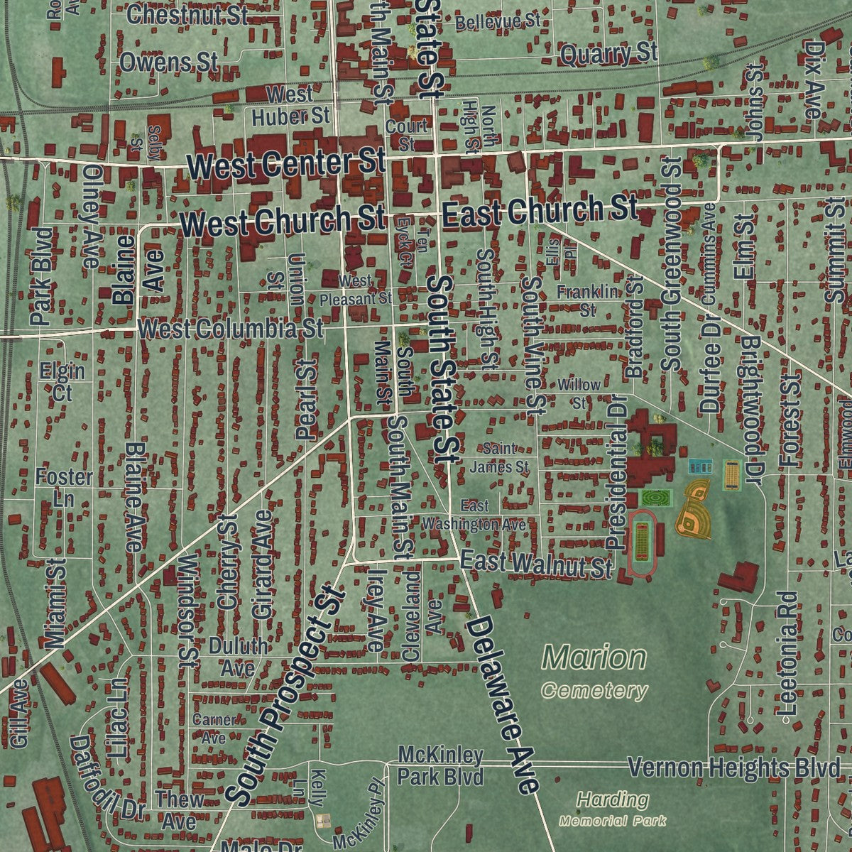 Close-up of the map of Marion, Ohio print showing street and building detail