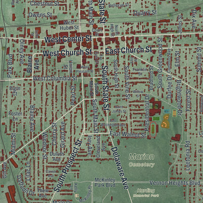 Close-up of the map of Marion, Ohio print showing street and building detail
