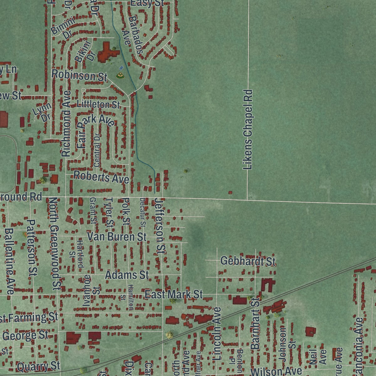 Second close-up of the map of Marion, Ohio print showing more streets and buildings