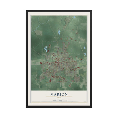 Map of Marion, Ohio, 12 x 18 inch print in a black wood frame