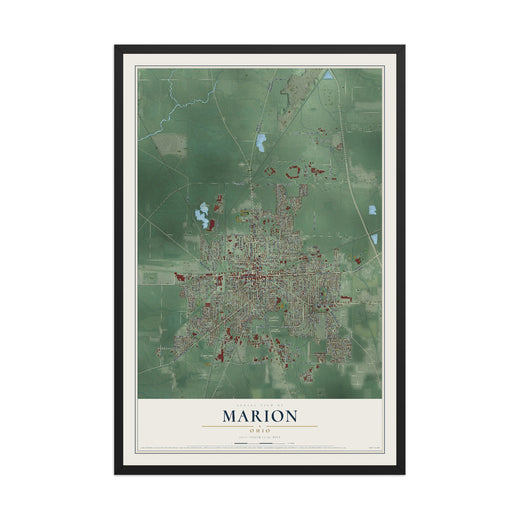 Map of Marion, Ohio, 12 x 18 inch print in a black wood frame