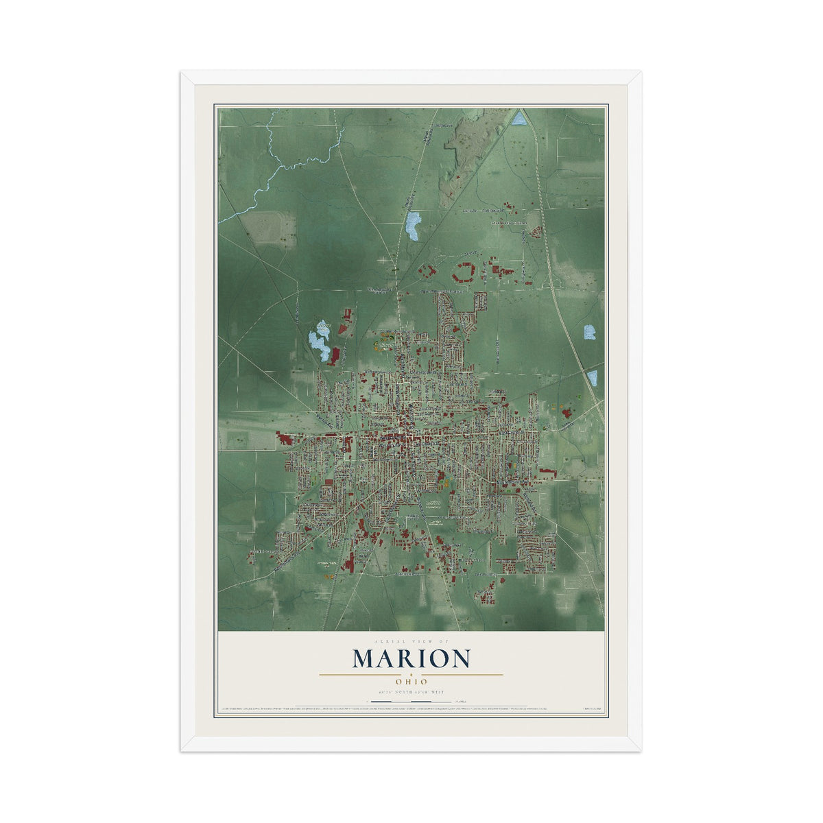 Map of Marion, Ohio, 12 x 18 inch print in a white wood frame
