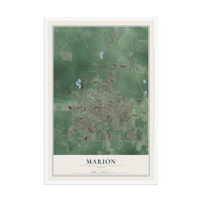 Map of Marion, Ohio, 12 x 18 inch print in a white wood frame