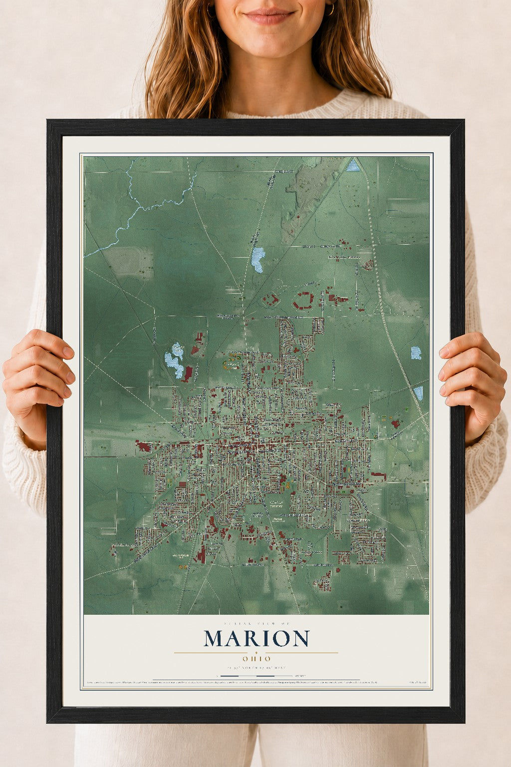 Map of Marion, Ohio, 18 x 24 inch print in a black wood frame