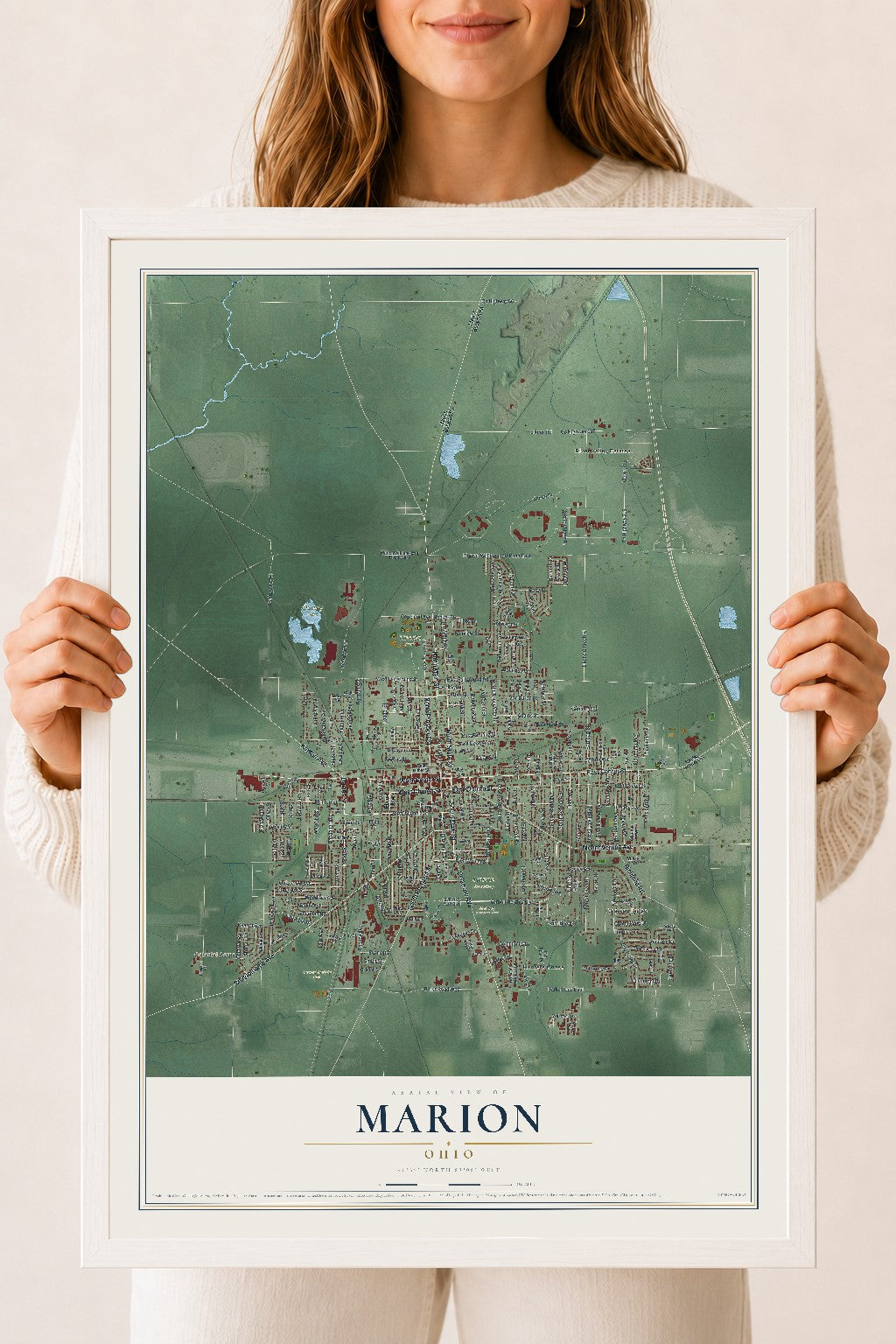 Map of Marion, Ohio, 18 x 24 inch print in a white wood frame