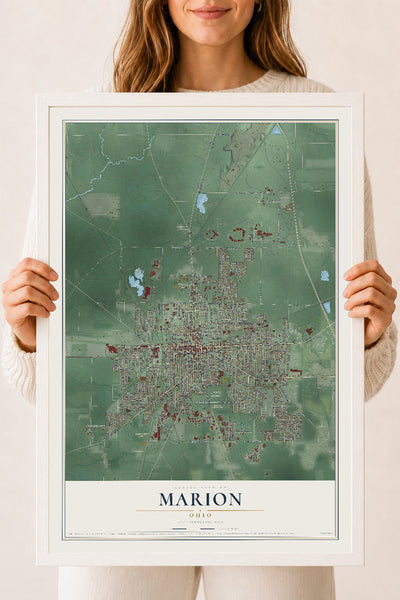 Map of Marion, Ohio, 18 x 24 inch print in a white wood frame