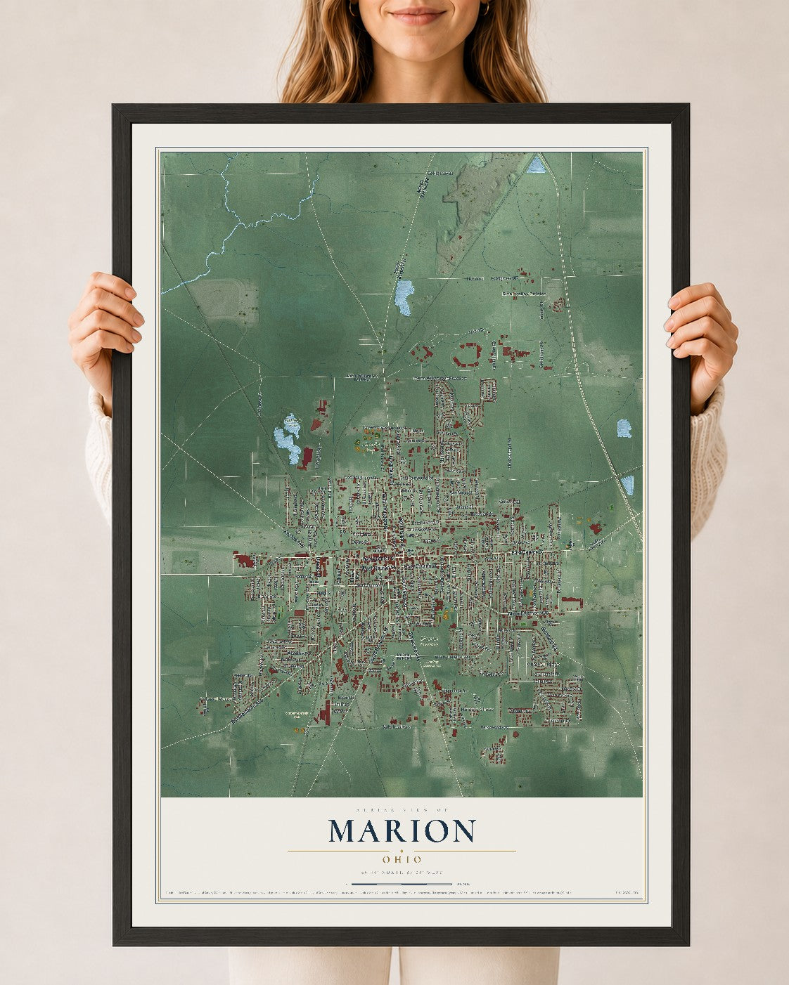 Map of Marion, Ohio, 24 x 36 inch print in a black wood frame