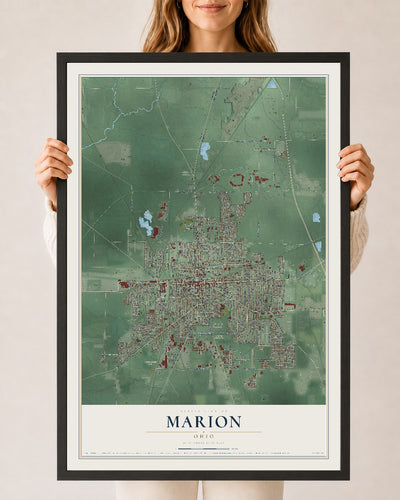 Map of Marion, Ohio, 24 x 36 inch print in a black wood frame