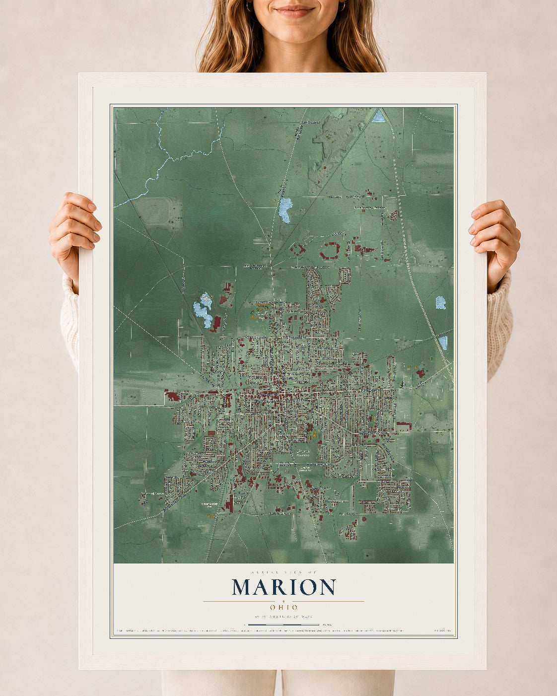 Map of Marion, Ohio, 24 x 36 inch print in a white wood frame