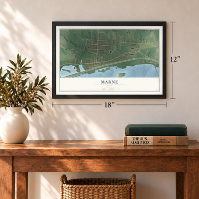 Marne, Ohio map, 12 x 18 inch print in a black frame in an entryway