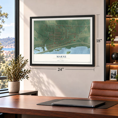 Marne, Ohio map, 18 x 24 inch print in a black frame in a home office