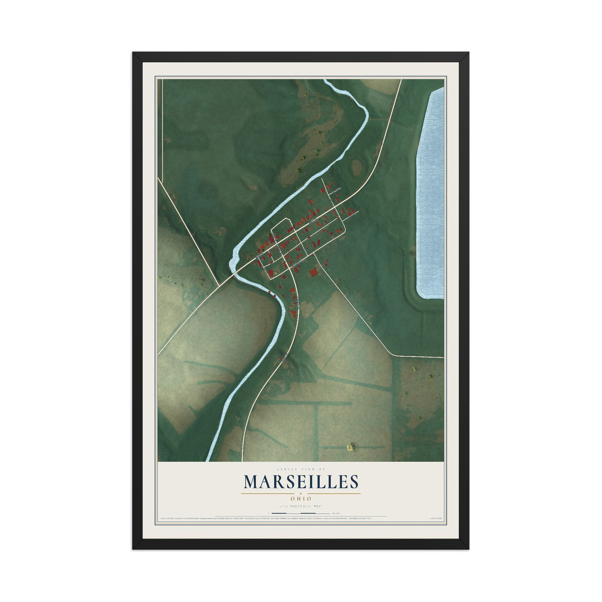 Map of Marseilles, Ohio, 12 x 18 inch print in a black wood frame