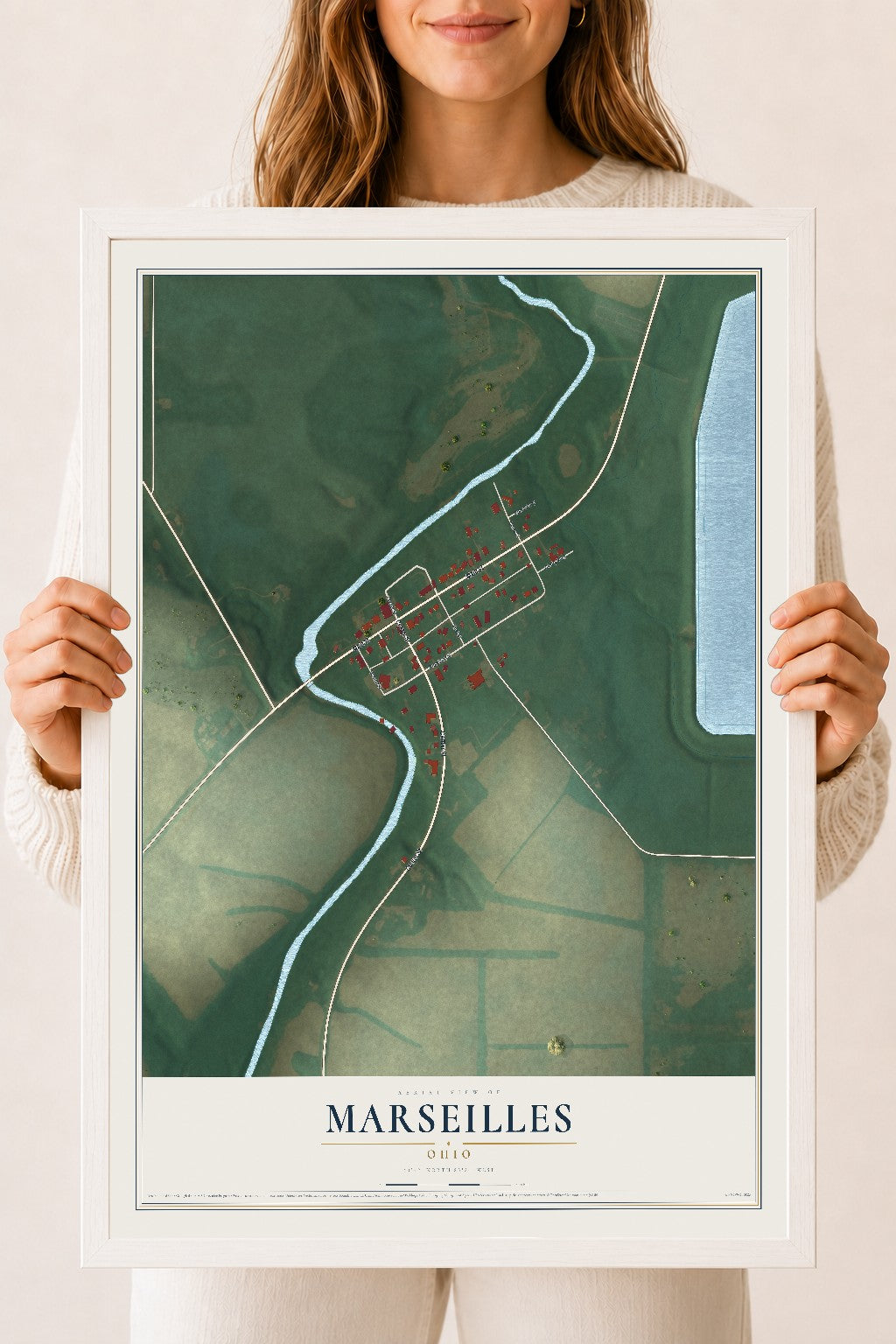 Map of Marseilles, Ohio, 18 x 24 inch print in a white wood frame