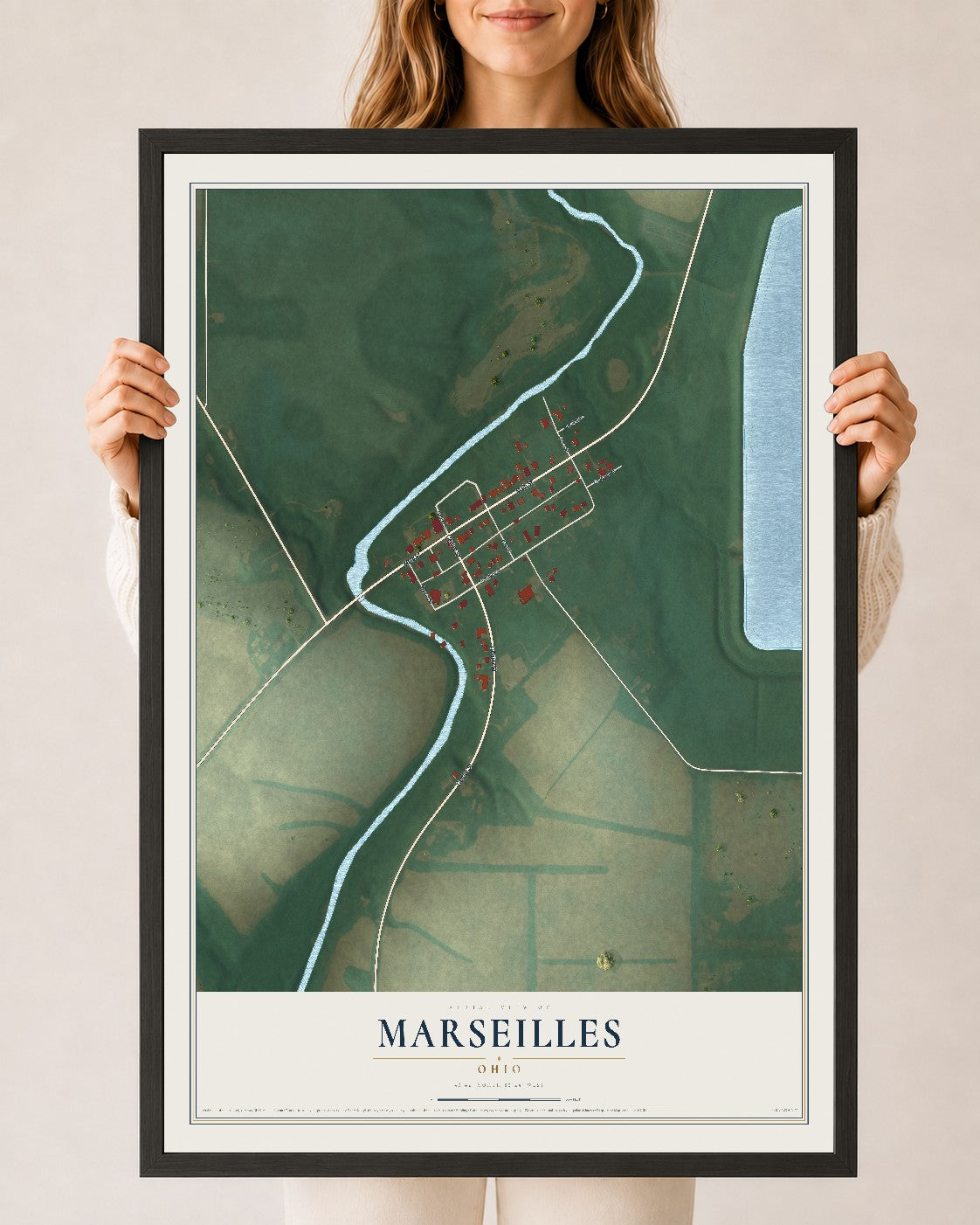 Map of Marseilles, Ohio, 24 x 36 inch print in a black wood frame