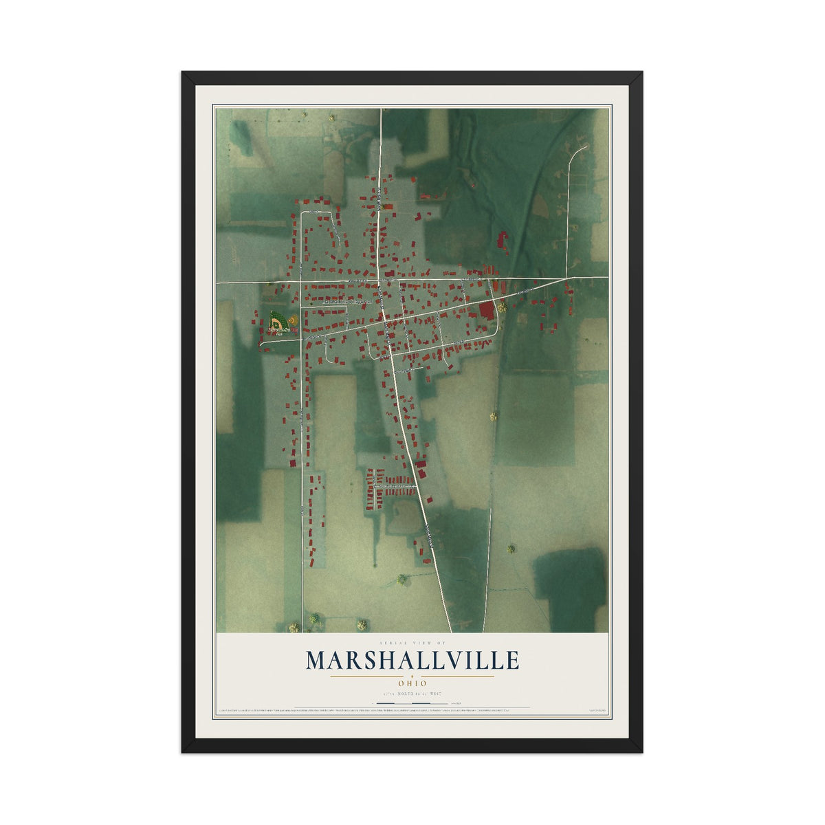 Map of Marshallville, Ohio, 12 x 18 inch print in a black wood frame
