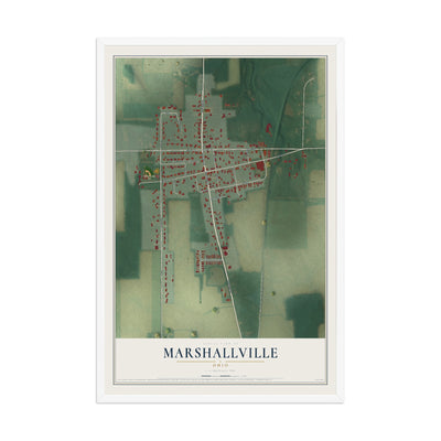 Map of Marshallville, Ohio, 12 x 18 inch print in a white wood frame
