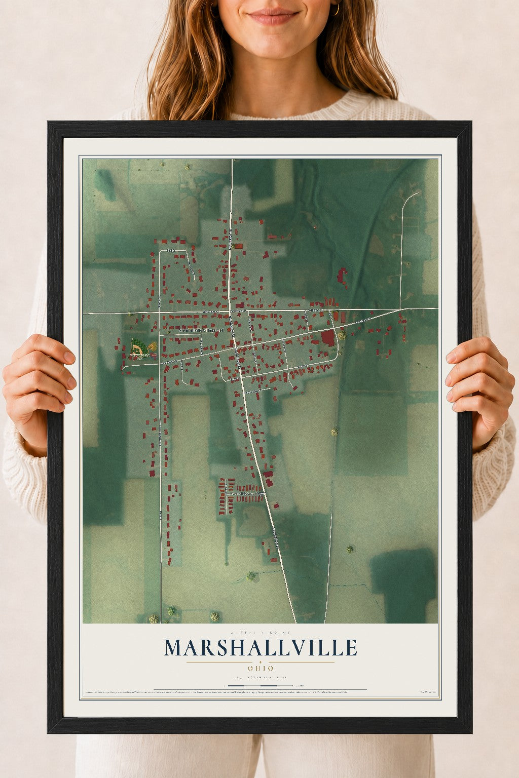 Map of Marshallville, Ohio, 18 x 24 inch print in a black wood frame
