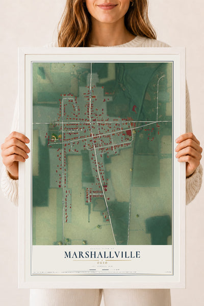 Map of Marshallville, Ohio, 18 x 24 inch print in a white wood frame