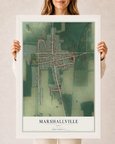 Map of Marshallville, Ohio, 24 x 36 inch print in a white wood frame