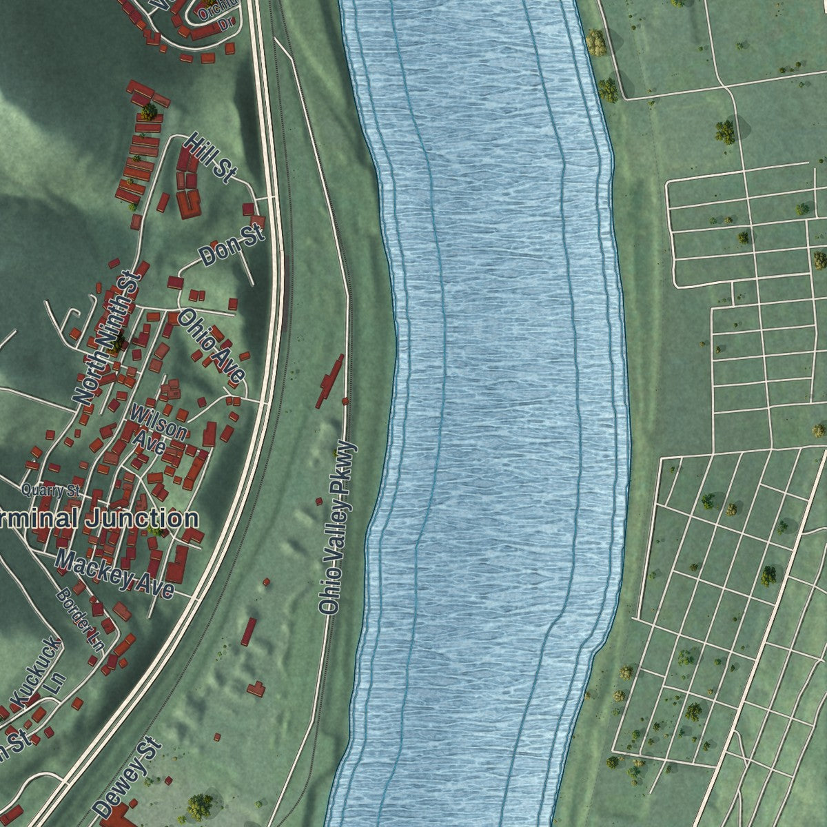 Second close-up of the map of Martins Ferry, Ohio print showing more streets and buildings
