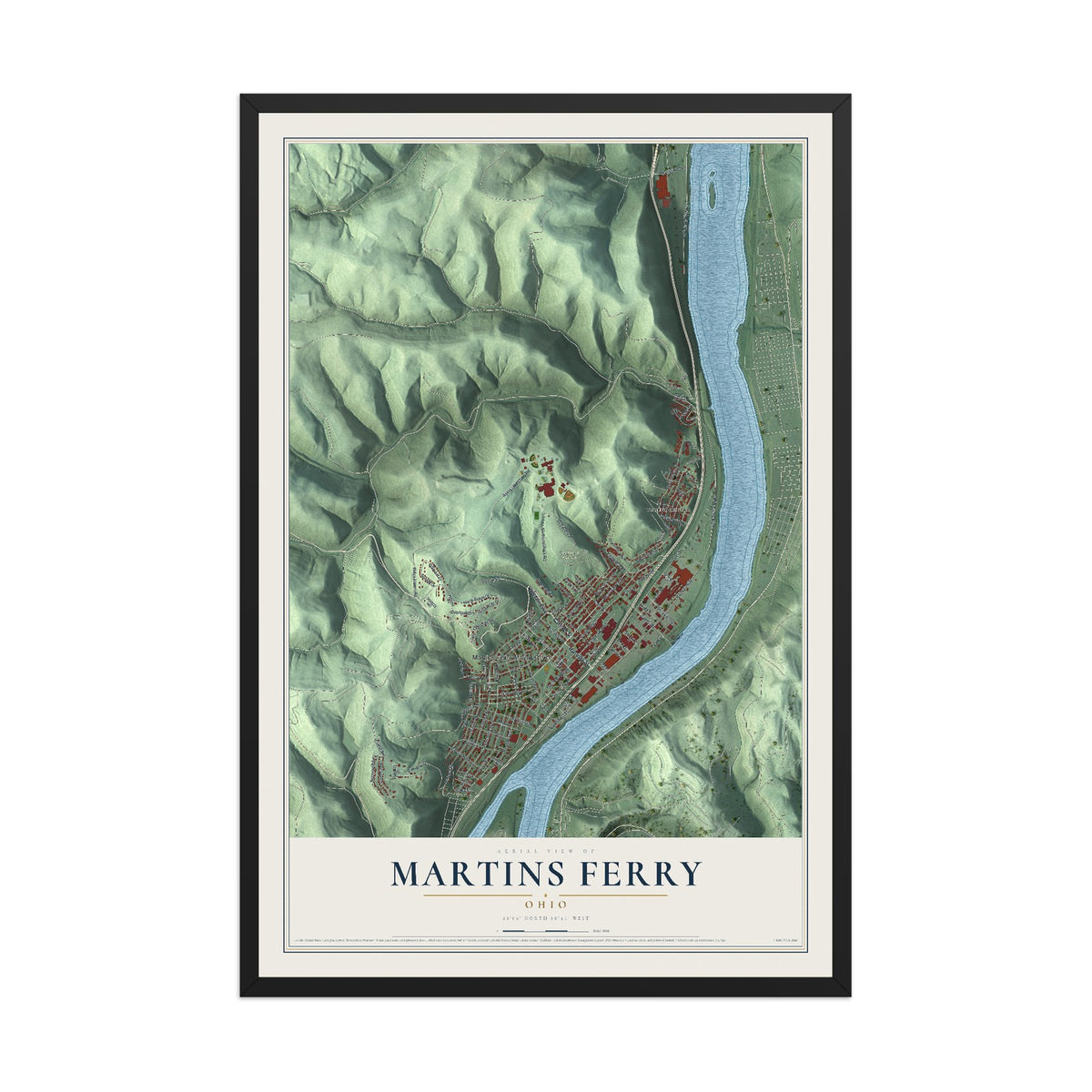 Map of Martins Ferry, Ohio, 12 x 18 inch print in a black wood frame